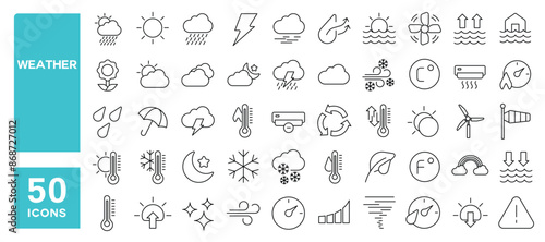 Set of 50 line icons related to weather, climate change, clouds, sun, rain, snow, humidity, Editable stroke. Vector illustration