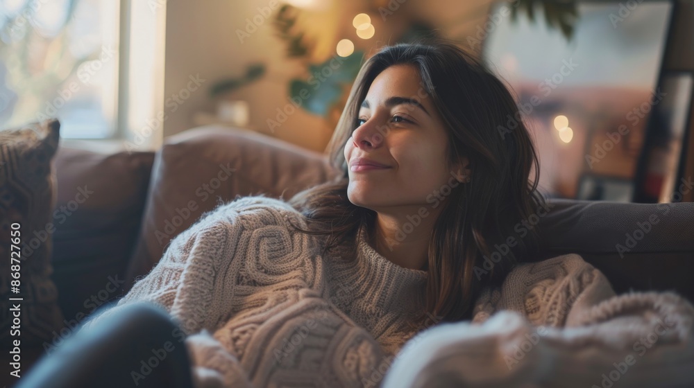 A candid photo of a young woman sitting on a couch in her living room, looking relaxed and content A candid photo of a young woman sitting on a couch in her living room, looking relaxed and content