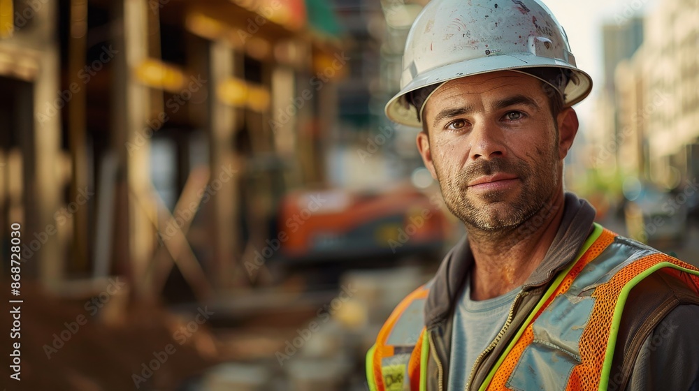 Close-up photo of a construction worker wearing a hard hat and safety vest, standing confidently on a construction site. The workers eyes are looking directly at the camera Close-up photo of a construction worker wearing a hard hat and safety vest, standing confidently on a construction site. The workers eyes are looking directly at the camera