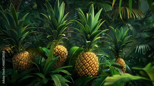 Growing at the base of a pineapple plant, ripe pineapples fill the air with sweet fragrance photo