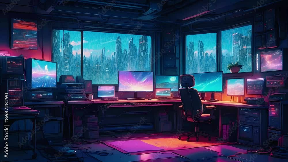 Futuristic Tranquil Tech Workspace Loop - Relaxing Lofi Loop Animation for Creatives Futuristic Tranquil Tech Workspace Loop - Relaxing Lofi Loop Animation for Creatives