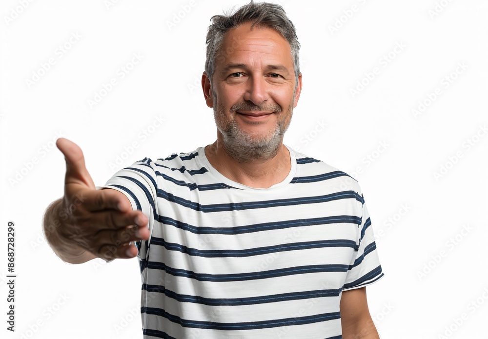 Middle-aged Man Offering Handshake in Striped T-shirt Middle-aged Man Offering Handshake in Striped T-shirt
