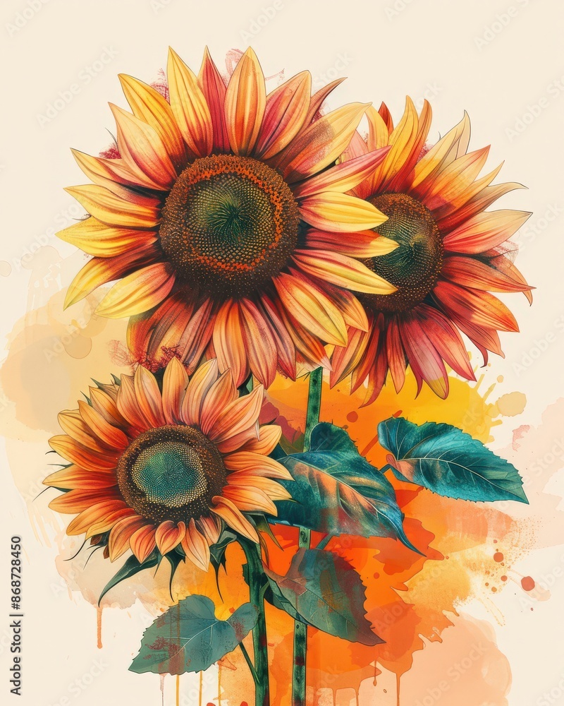 Three vibrant sunflowers with watercolor splatters, symbolizing joy and warmth. Three vibrant sunflowers with watercolor splatters, symbolizing joy and warmth.