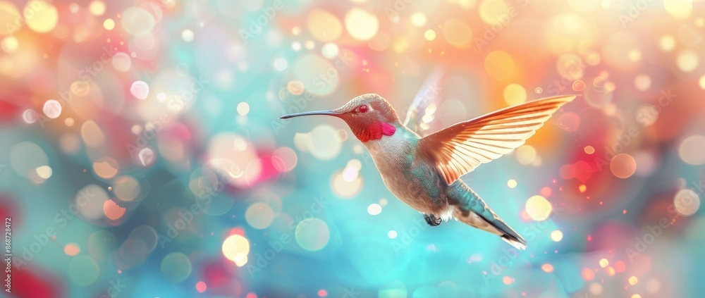A vibrant close-up of a hummingbird in flight, with colorful feathers against a blurred, colorful background with glowing bokeh. A vibrant close-up of a hummingbird in flight, with colorful feathers against a blurred, colorful background with glowing bokeh.