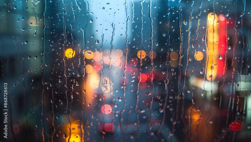 Fototapeta premium Rainy Night City Lights Through Window