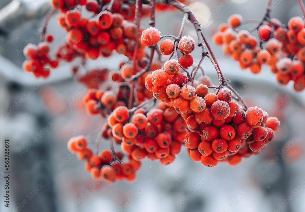 Close-Up Red Rowan Berries on Winter Branch Close-Up Red Rowan Berries on Winter Branch