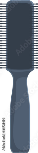 Simple black plastic hairbrush with a handle is standing on a white background