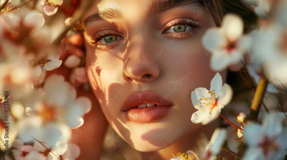Fototapeta premium A closeup portrait of a woman with green eyes framed by delicate white blossoms. The soft, natural lighting creates a warm and inviting atmosphere