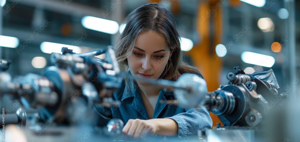 Confident female worker skillfully operating high-tech machinery in a modern automotive manufacturing setting, candid shot Confident female worker skillfully operating high-tech machinery in a modern automotive manufacturing setting, candid shot