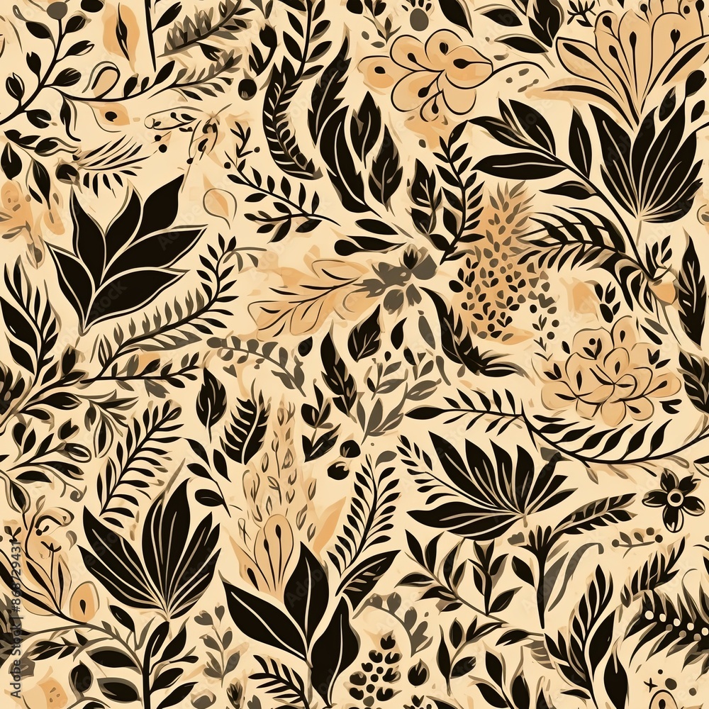 Abstract floral lino cuts of leaves and flowers designed in a random pattern Abstract floral lino cuts of leaves and flowers designed in a random pattern