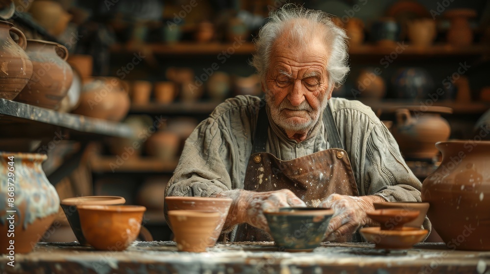 AIG58 Handcrafted pottery by an elderly artisan in a warm, well-lit workshop. Focused and passionate. AIG58 Handcrafted pottery by an elderly artisan in a warm, well-lit workshop. Focused and passionate.