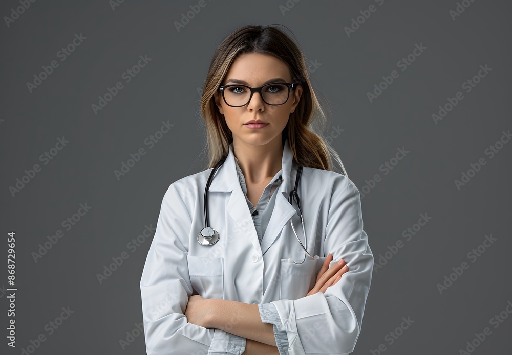 Stressed and serious female doctor with arms crossed on grey background Stressed and serious female doctor with arms crossed on grey background