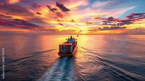 A cargo ship carrying containers sailing in the sea at sunset, viewed from above In the style of Royalcore global container shipping company photo