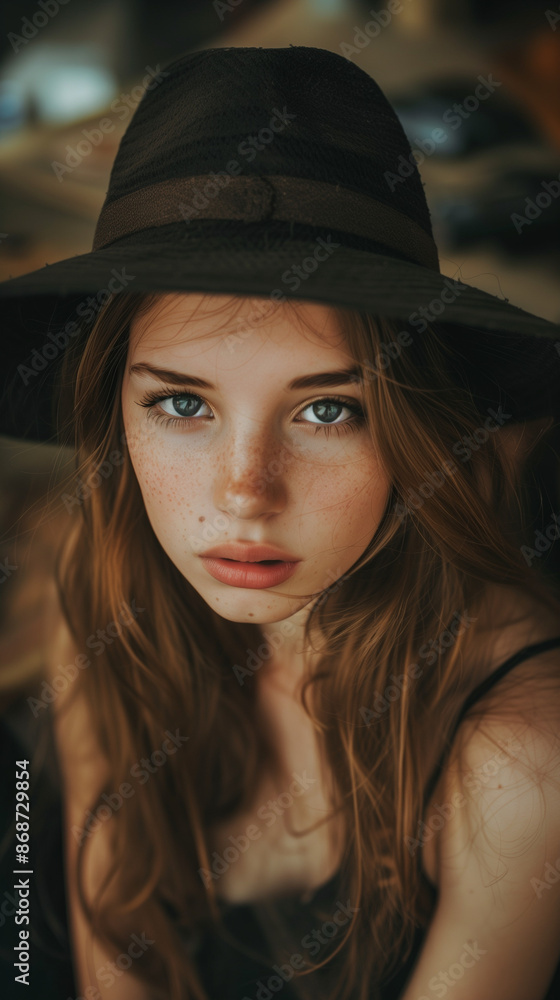 Close-Up Portrait of a Beautiful Young Woman with Freckles and Long Hair, Wearing a Stylish Black Hat, Intense Gaze, Soft Natural Lighting, Perfect for Fashion and Beauty Concepts Close-Up Portrait of a Beautiful Young Woman with Freckles and Long Hair, Wearing a Stylish Black Hat, Intense Gaze, Soft Natural Lighting, Perfect for Fashion and Beauty Concepts