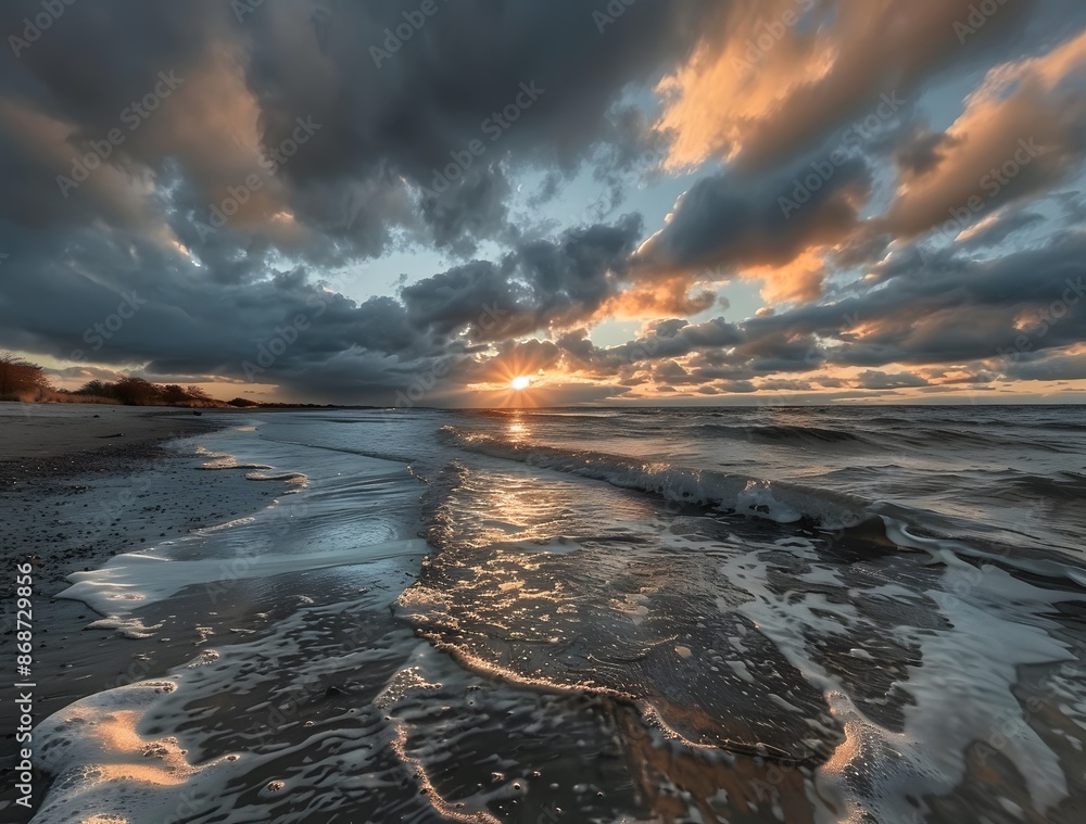 Obraz premium Dramatic Sunset Over Empty Winter Beach