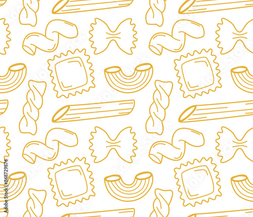 Seamless pattern with different pasta types. Vector contour background