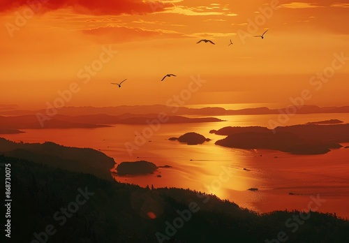 Aerial View of Archipelago Sunset with Birds