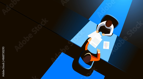 Two business people sitting around table. Vector illustration