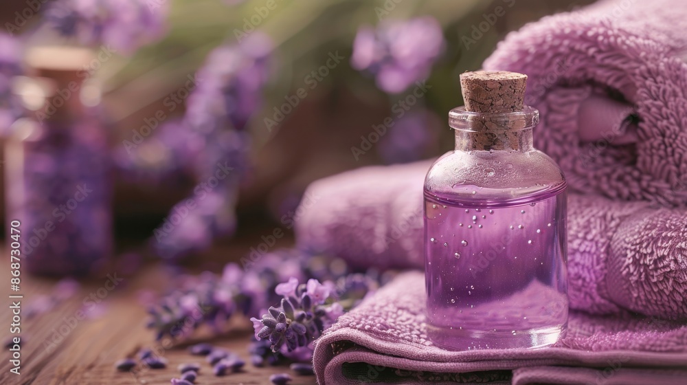 A close-up shot of a bottle of lavender oil sitting on top of folded spa towels with fresh lavender flowers in the foreground A close-up shot of a bottle of lavender oil sitting on top of folded spa towels with fresh lavender flowers in the foreground