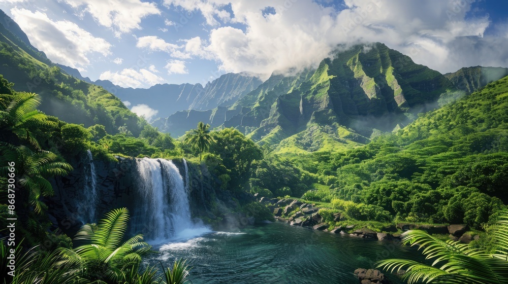 Fototapeta premium Mountain range covered in lush greenery with a crystal-clear waterfall.