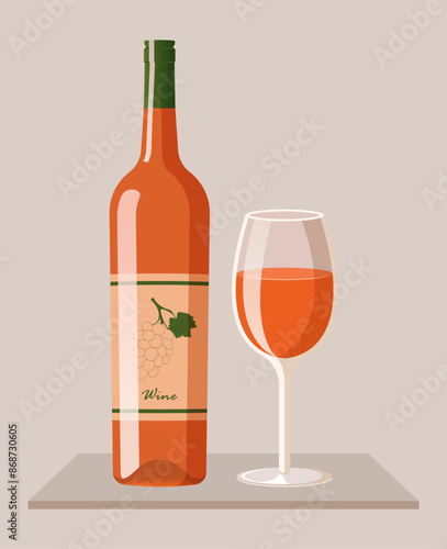 Bottle of orange wine with glass. Vector illustration of modern alcohol drink