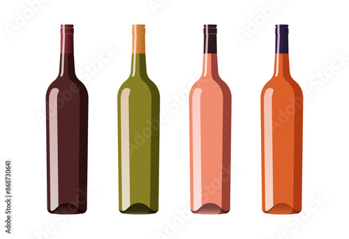 Vector illustration of wine bottles. Set of wine bottles of different types and colors
