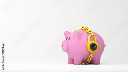 Creative composition with piggy bank secured by gold padlock. Long-term savings, retirement preparation, security, and financial planning concept. Beautiful clean white background. 