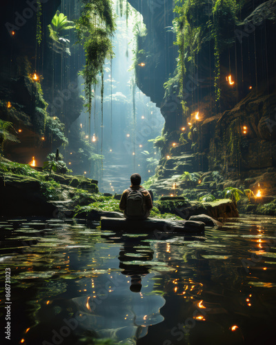 Person Sitting By a Tranquil River in a Lush, Lantern-Lit Forest © petro