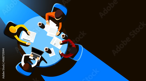 Group of business people sitting around a round table. Vector illustration