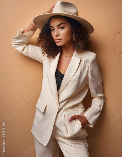 boho, latina, model, trägt, beige, anzug, business, cremefarben, creme, braun, atelier, solid, hintergrund, studio, aufnahme, photo, makro, großer., hut, hipster, business, posing, schönheit, neu, ad photo