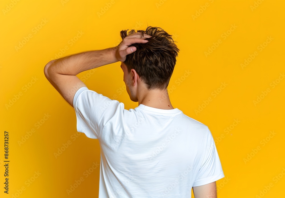 Young Man Touching Head in White T-Shirt Over Yellow Background Young Man Touching Head in White T-Shirt Over Yellow Background