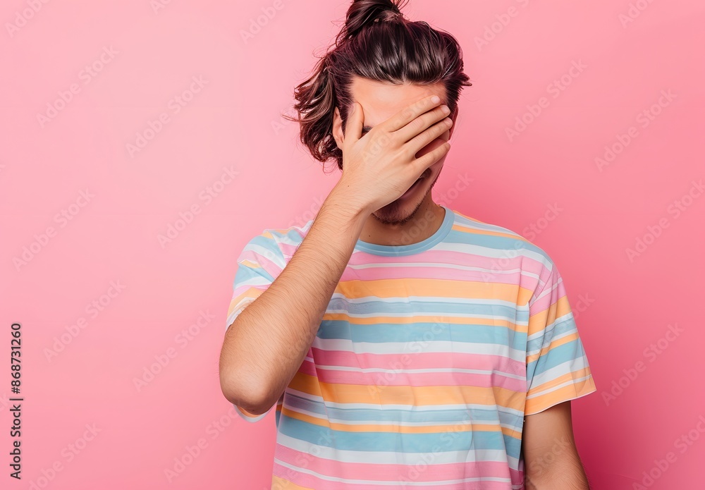 Young man with long hair in ponytail covering eyes on pink background Young man with long hair in ponytail covering eyes on pink background
