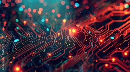 Digital background featuring an AI circuit board with glowing data points, creating a futuristic and high-tech ambiance. 