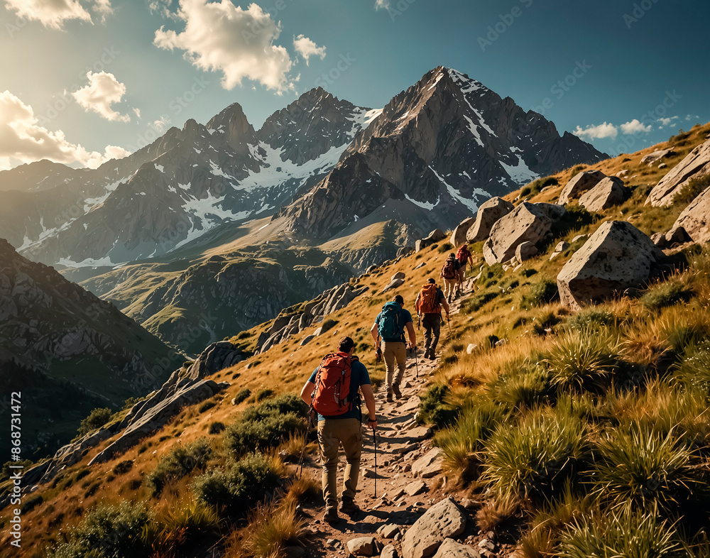 Fototapeta premium Tourists hike up the mountains