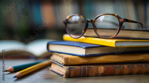 Close-up of glasses on books on a wooden desk, with two pencils, and a soft focus background © Elmira