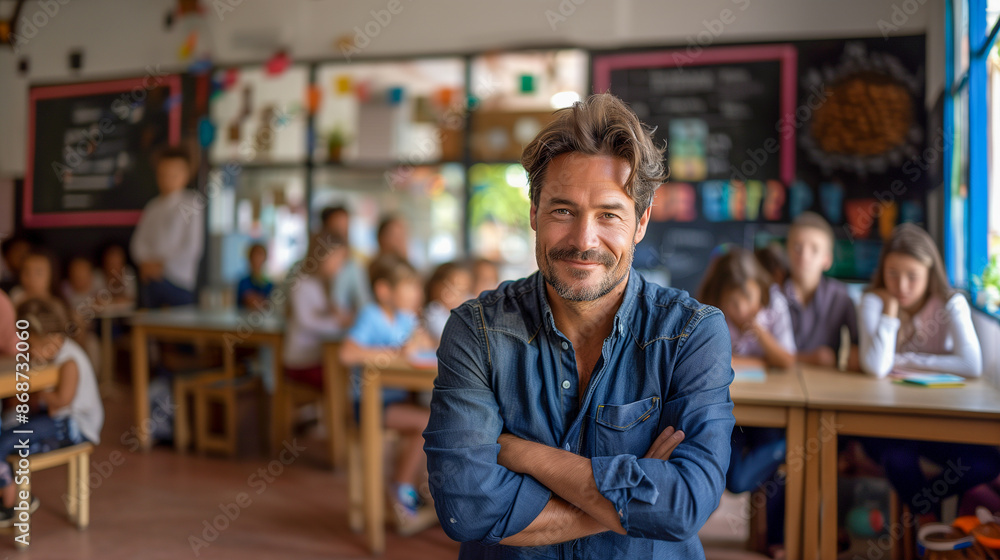 A smiling teacher stands in front of his students in a brightly lit classroom A smiling teacher stands in front of his students in a brightly lit classroom