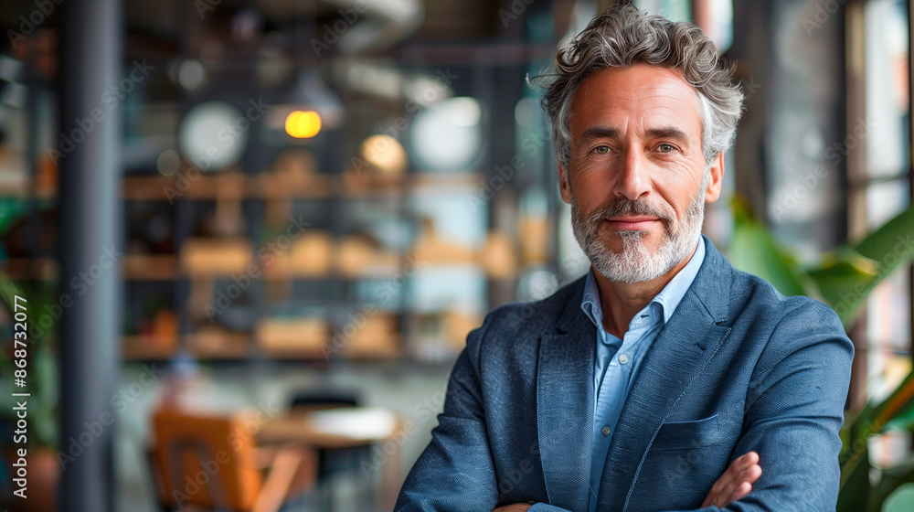 A man in a blue blazer stands with his arms crossed in an office setting. He looks directly at the camera with a confident expression A man in a blue blazer stands with his arms crossed in an office setting. He looks directly at the camera with a confident expression