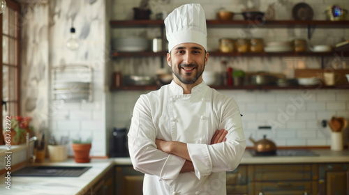 Realistic photo of head chef working professionally in modern kitchen area. Model chef posing with professional cofident attitude in a private design project with perfect natural lighting environment.