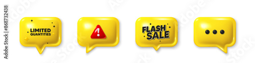 Offer speech bubble 3d icons. Limited quantities tag. Special offer sign. Sale promotion symbol. Limited quantities chat offer. Flash sale, danger alert. Text box balloon. Vector