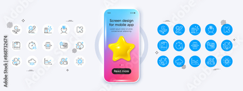 Diagram chart, Timer and Eco power line icons. Phone mockup with 3d star icon. Pack of Augmented reality, Coronavirus, Currency rate icon. Cloud computing, Boron mineral, Anxiety pictogram. Vector