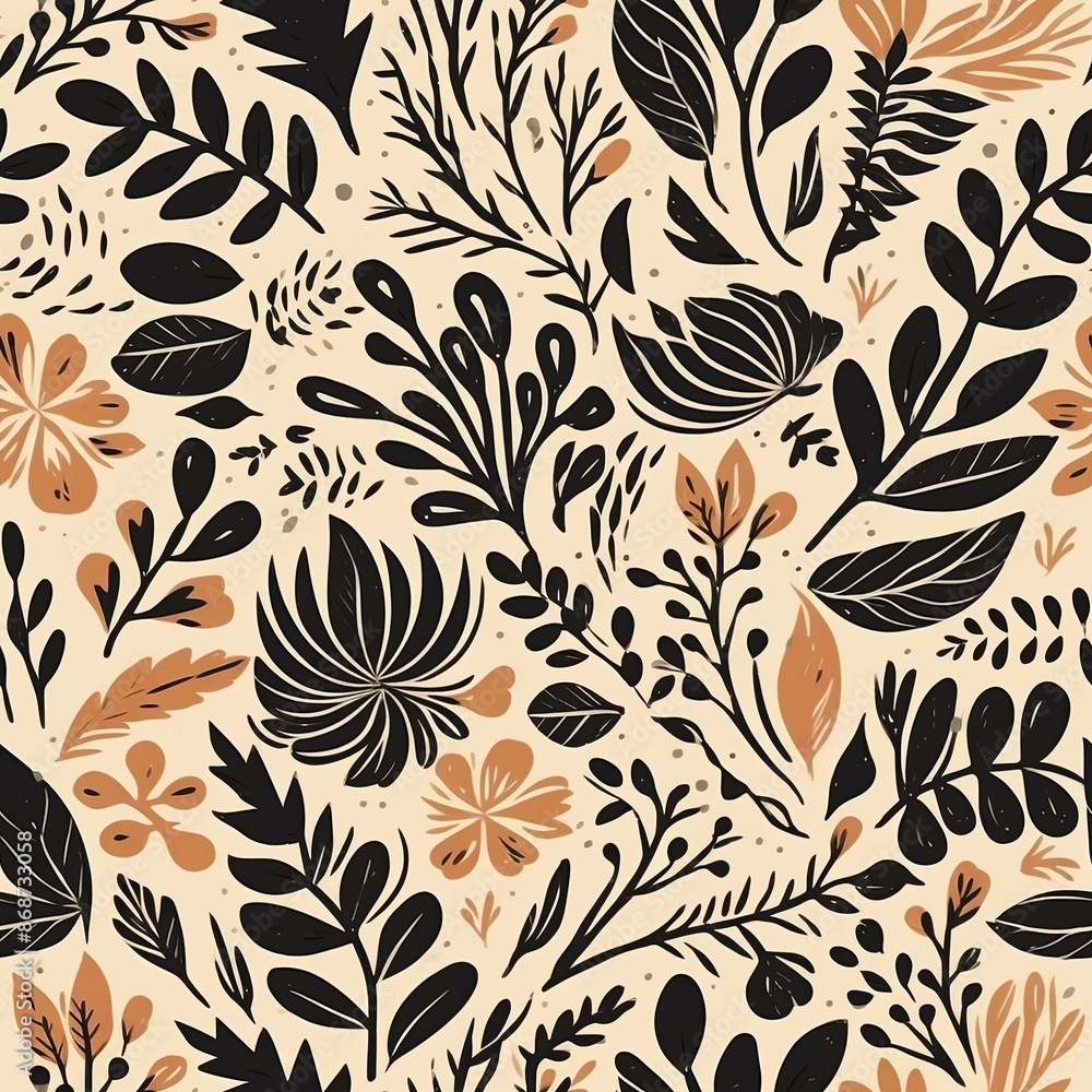 Abstract floral lino cuts of leaves and flowers designed in a random pattern Abstract floral lino cuts of leaves and flowers designed in a random pattern