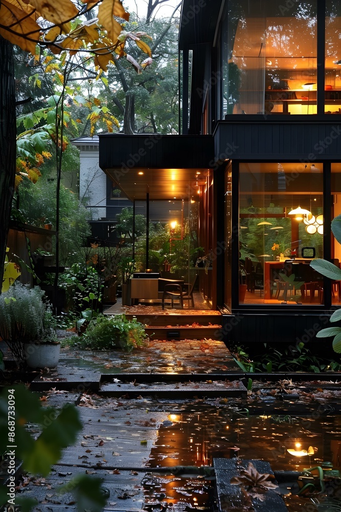 Fototapeta premium Modern Black House with Glass Windows and Warm Lights in Autumn