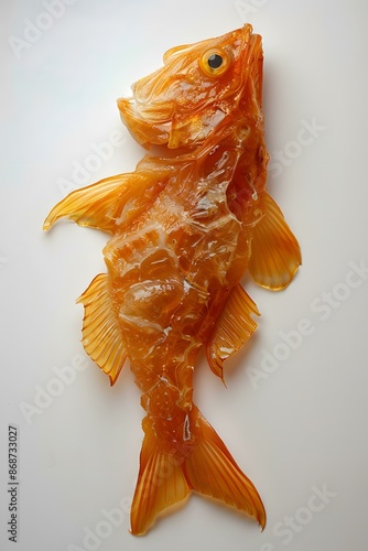 A 3D printed fish made of transparent orange plastic photo