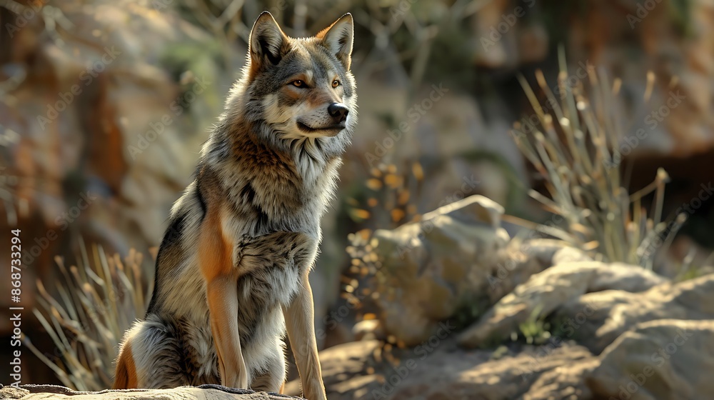 Mexican grey wolf sitting on the rocks very detailed and realistic shape Mexican grey wolf sitting on the rocks very detailed and realistic shape