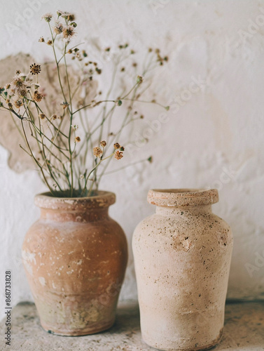 Old Greek vases with flowers, pastel colors, generative ai