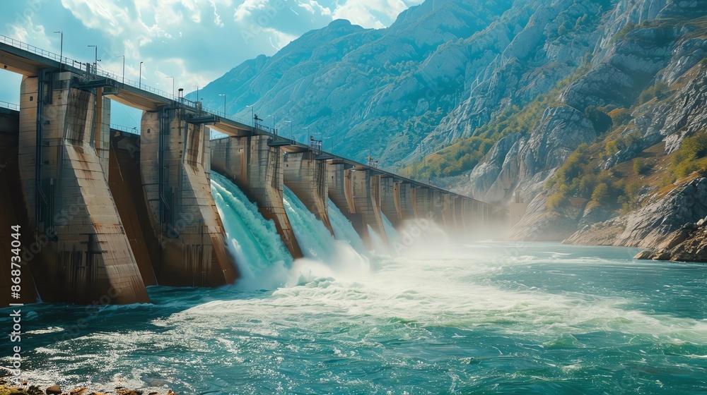 A large dam releases water, creating a powerful waterfall. The dam is nestled in a mountain valley, with a clear blue sky overhead. A large dam releases water, creating a powerful waterfall. The dam is nestled in a mountain valley, with a clear blue sky overhead.