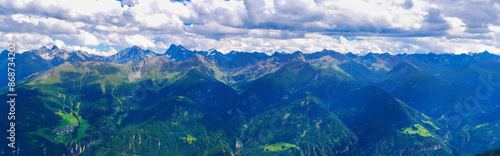 View on Alps mountains from ski resort Serfaus Fiss Ladis on a summer day