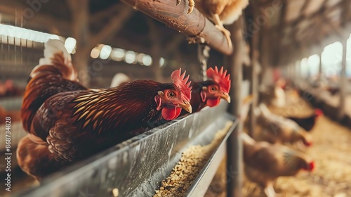 Close-up of chickens feeding from a trough in a coop. photo