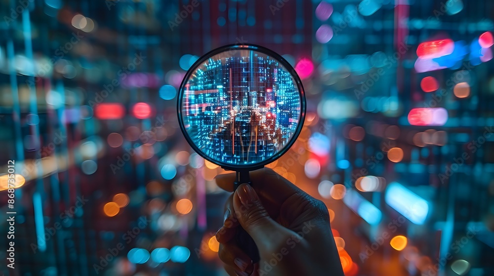 Magnifying Glass Over Digital Financial Charts: Analyzing Stock Market Trends and Business Performance with Graphs and Bar Graphs Magnifying Glass Over Digital Financial Charts: Analyzing Stock Market Trends and Business Performance with Graphs and Bar Graphs