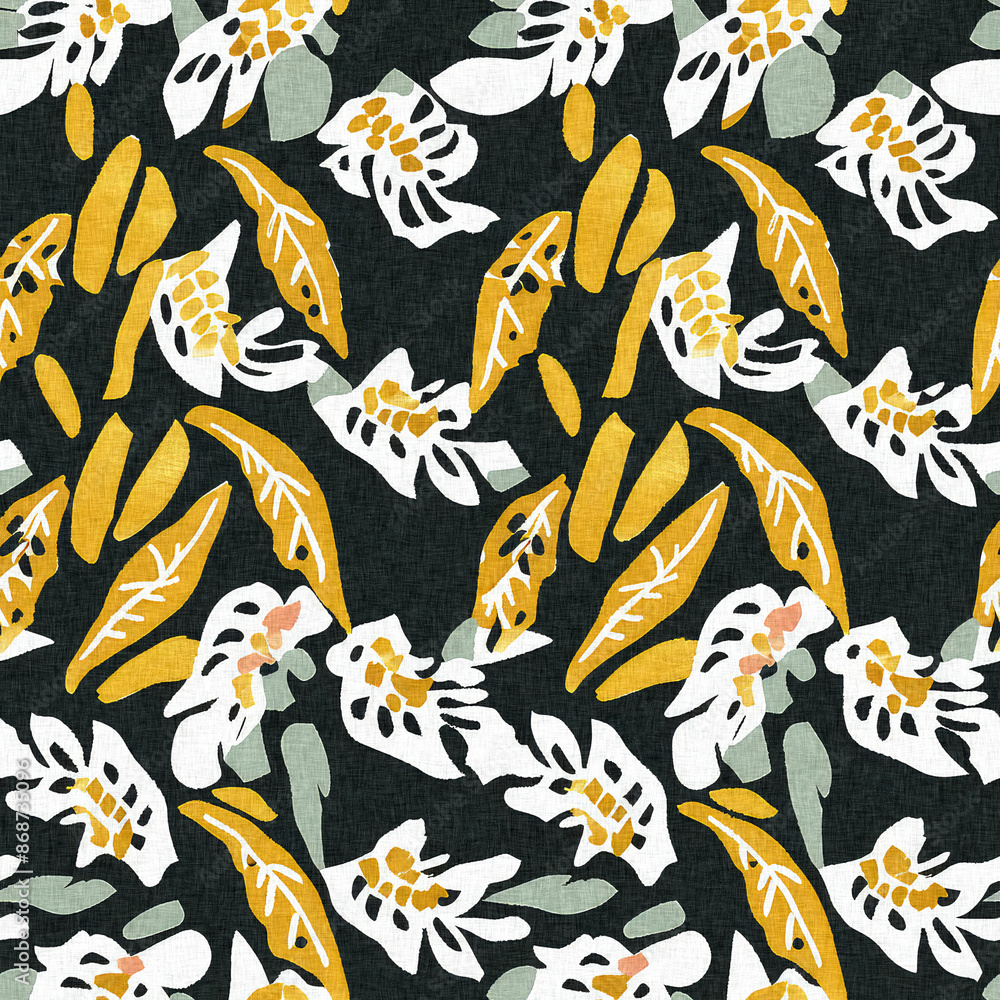 Obraz premium Modern printed fabric wildflower blockprint pattern with linen fabric textures. Stylized hand drawn boho dark florals for decorative design elements in repeatable background tile.